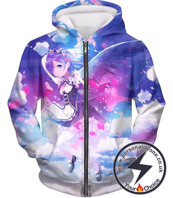 Re:Zero Cute Blue Hair Flying Anime Maid Rem Action Zip Up Hoodie